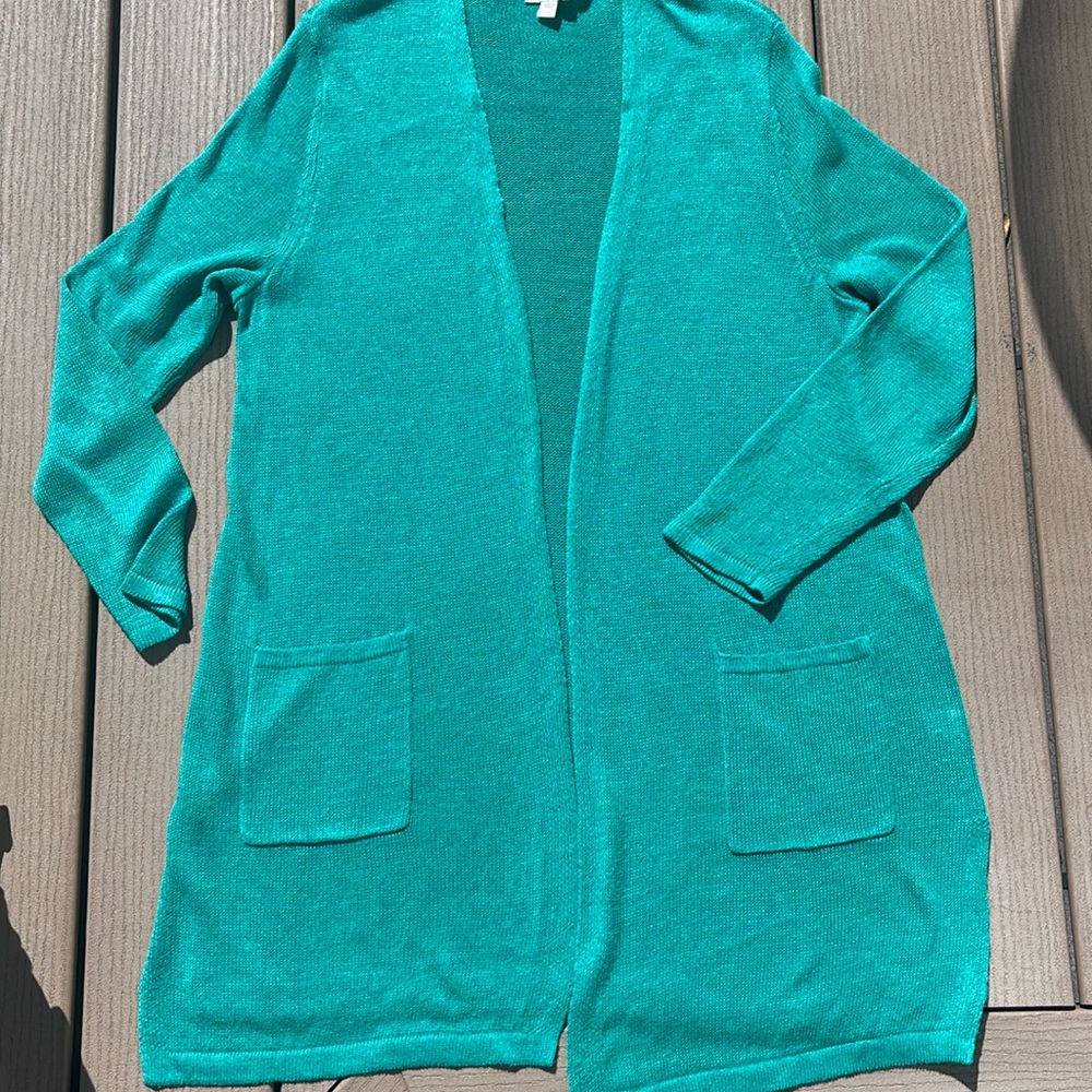 J Jill teal blue/green linen long open cardigan size L Excellent Condition